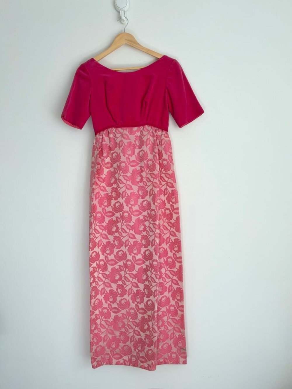 Vintage 1960s Pink Velvet Rose Damask Maxi Dress Removable Bow Coquette XXS